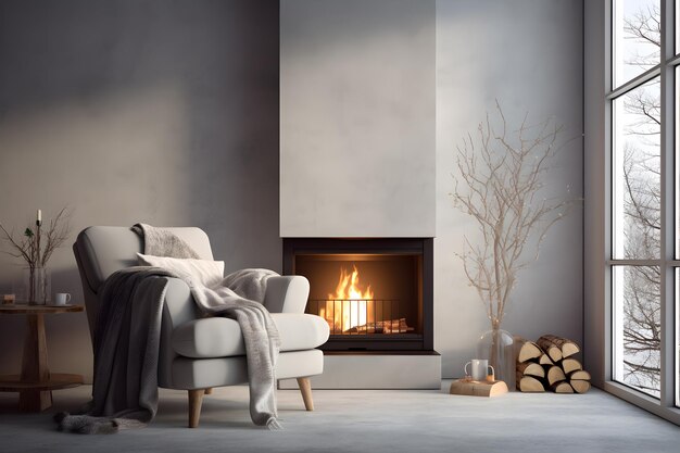 Modern living room interior with fireplace 3D Rendering