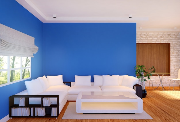 Modern living room interior with furniture and blue empty wall