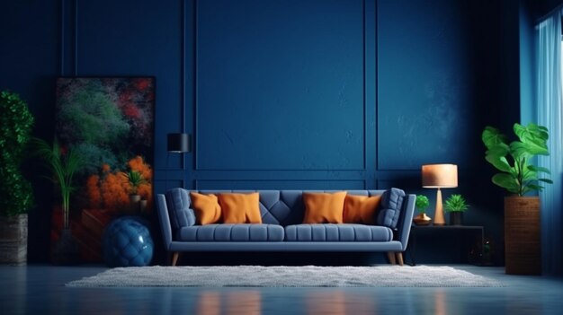 Modern living room interior with gray sofa on dark blue wall Generative AI