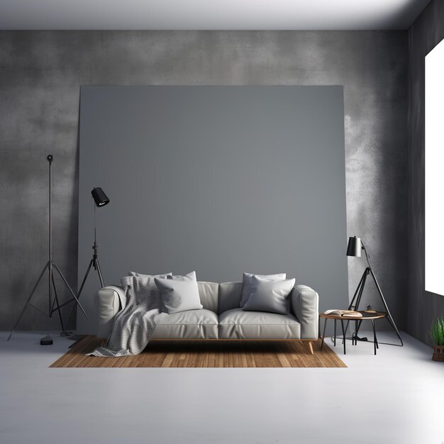 Modern living room interior with gray sofa and tripod floor lamps