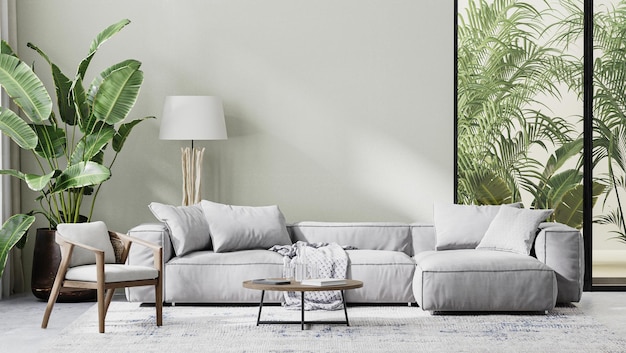 Foto interiore moderno del salone con il sofà grigio, i mobili in legno e le foglie tropicali della palma, rappresentazione 3d
