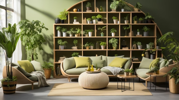 Photo modern living room interior with green houseplants and stylish furniture