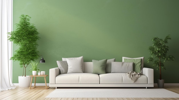 Современный интерьер гостиной с зелеными растениями диван и зеленая стена фон гостиной