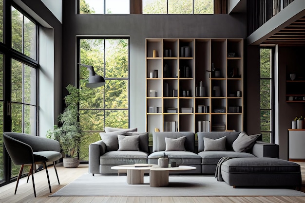 Modern Living Room Interior with grey sofas Window and Shelving Unit Generative AI