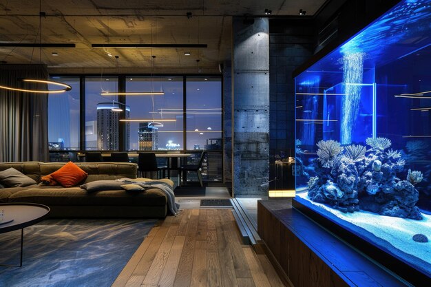 Modern living room interior with large aquarium ocean theme decor and openplan kitchen