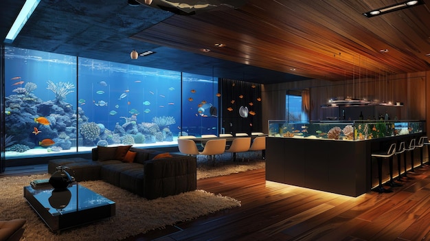 Modern living room interior with large aquarium ocean theme decor and openplan kitchen