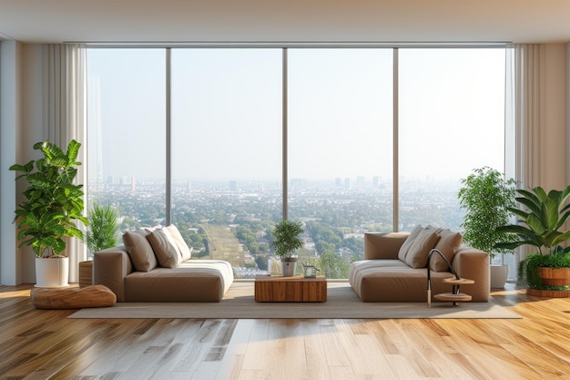 Photo modern living room interior with large windows and city view