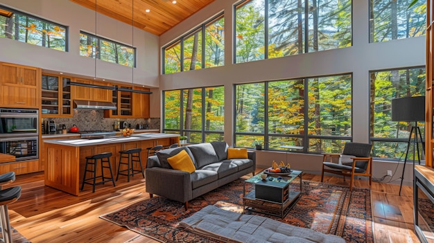 Modern living room interior with large windows and colorful trees in the background