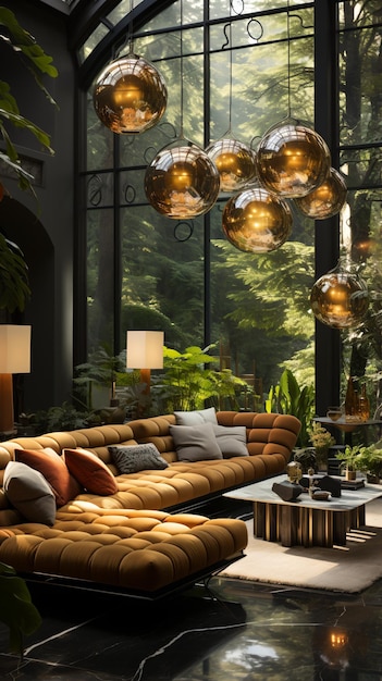 Modern living room interior with large windows and forest view