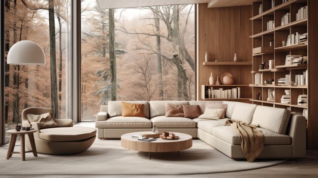 Modern living room interior with large windows and a view of the snowy forest