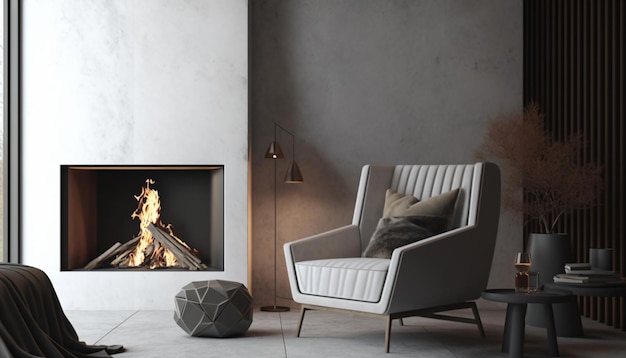 Modern living room interior with modern fireplace armchair and gray concrete walls Interior mockup Generative AI