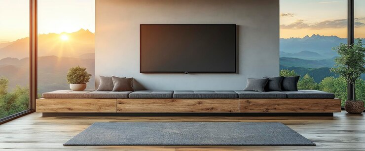 Photo modern living room interior with mountain view and large tv