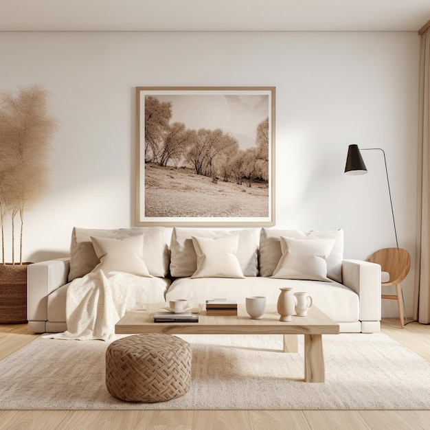 Modern living room interior with neutral colors and natural textures