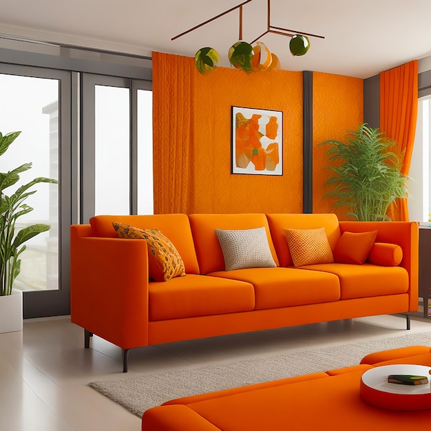 Modern living room interior with orange sofa plant and geometric pattern generated by ai