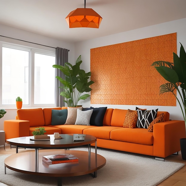 Modern living room interior with orange sofa plant and geometric pattern generated by AI