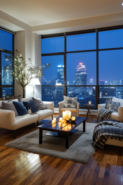 Modern living room interior with panoramic night city view