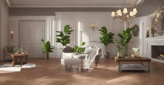 Modern living room interior with plants and furniture