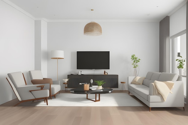 Modern Living Room Interior With Potted Plants Behind The Gray Colored Sofa And Armchair