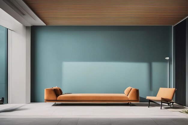 壁にソファとコーヒーテーブルを備えたモダンなリビングルームのインテリア3Dレンダリング