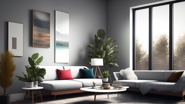 Photo modern living room interior with sofa coffee table and windows posters with mockup