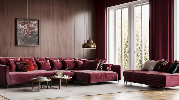 modern living room interior with sofa decor in burgundy tones wooden very detailed