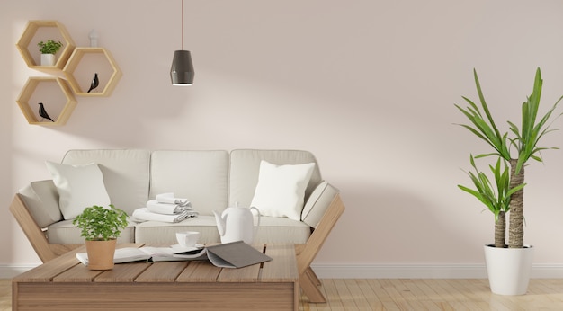 Modern living room interior with sofa and green plants