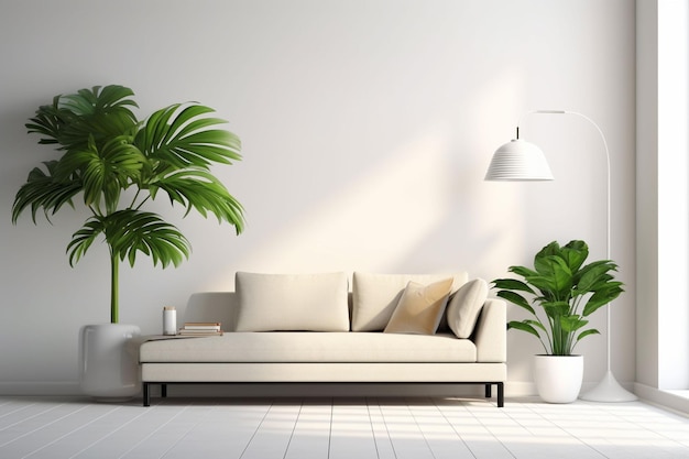 Modern living room interior with sofa and green plantslamp