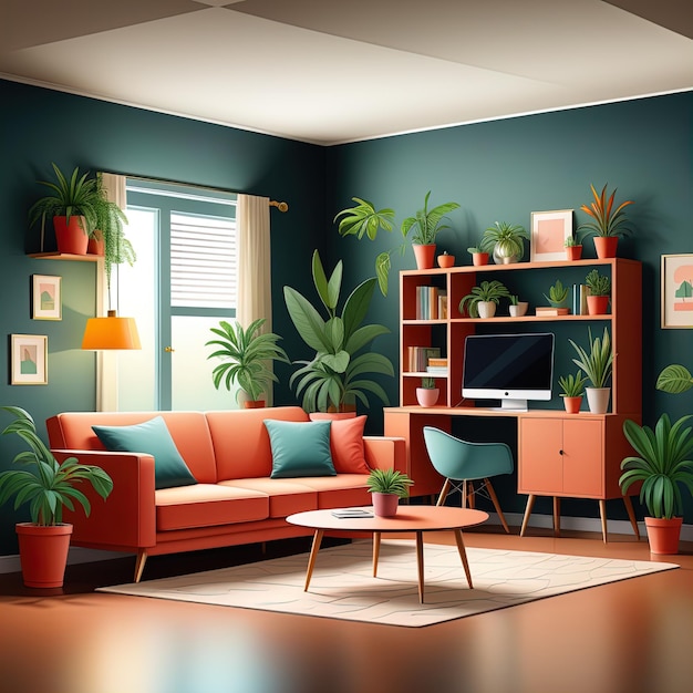 Фото Современный интерьер гостиной с диваном и растениями, телевизор 3d иллюстрациясовременный дизайн интерьера комнаты с wi-fi