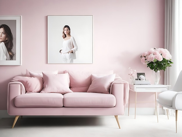 Modern Living Room Interior with Stylish Sofa in Lovely Pink Color and WallMounted Portrait Frame