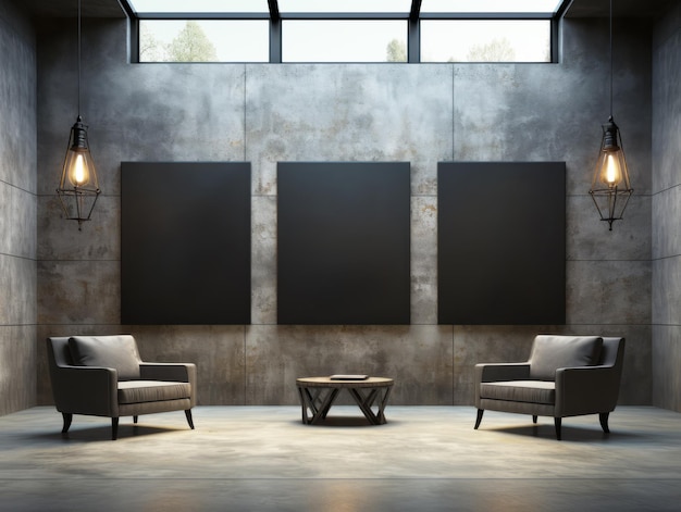 Modern living room interior with two armchairs and empty frames on concrete wall Mock up Generative AI