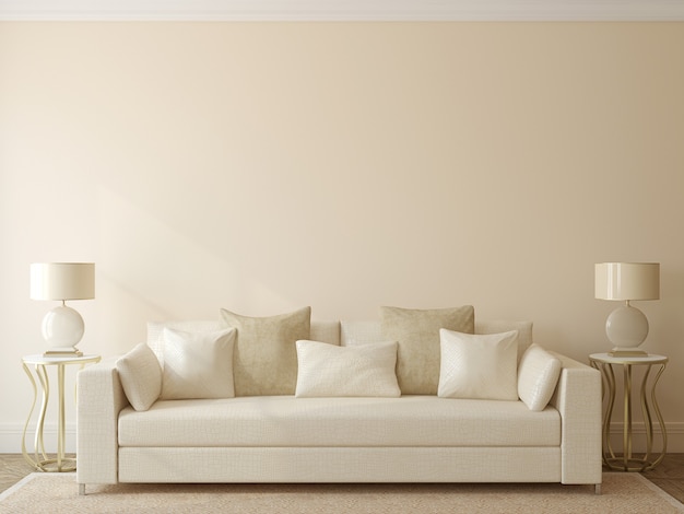 Modern living-room interior with white couch near empty beige wall. 3d render.