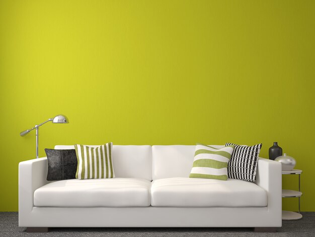 Интерьер современной гостиной с белым диваном у пустой зеленой стены. 3D визуализация.