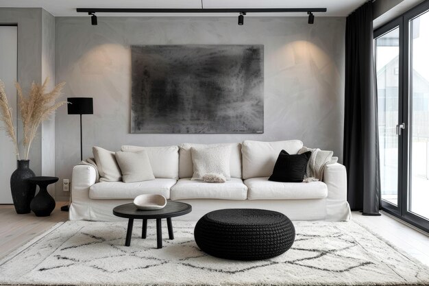 Современный интерьер гостиной с белым диваном и черным столом для кофе