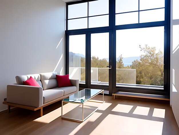 Modern living room interior with white walls and windows