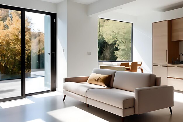 Modern living room interior with white walls and windows