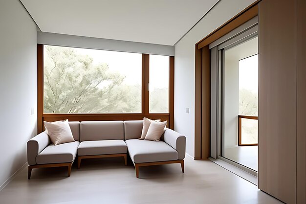 Modern living room interior with white walls and windows