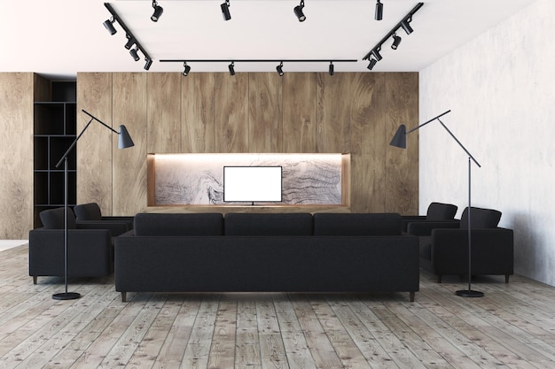 Modern living room interior with white and wooden walls, black sofas and a mock up TV set screen in the centre. 3d rendering mock up