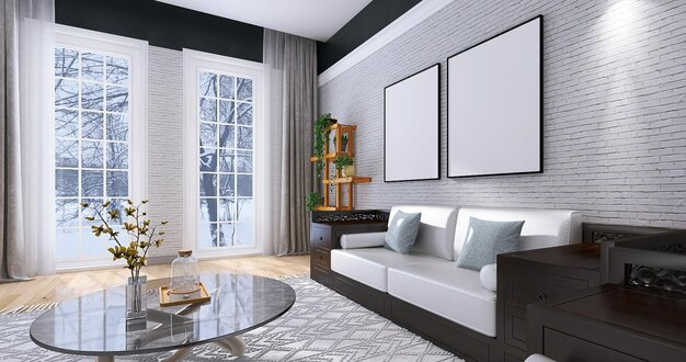 Modern Living Room Interior With Windows View of Snow