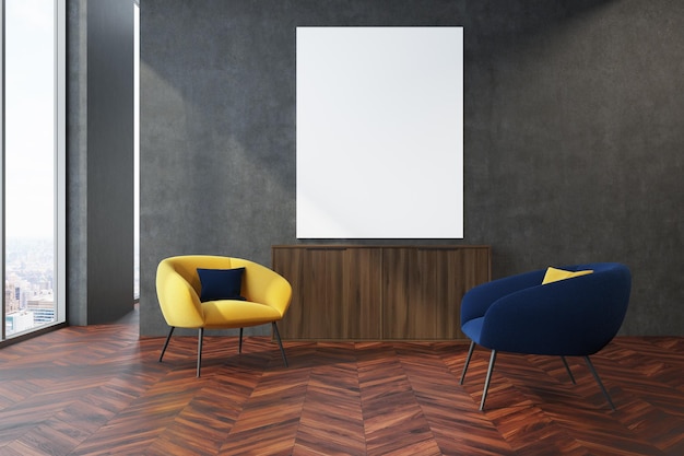 Modern living room interior with a wooden floor, gray walls and a yellow and blue armchairs near a vertical poster and a chest of drawers. 3d rendering mock up