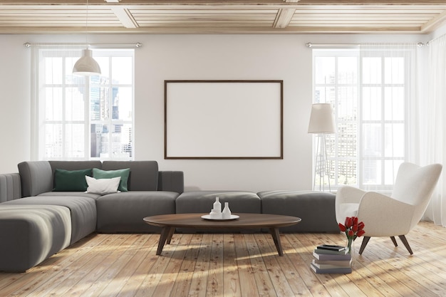 Modern living room interior with a wooden floor, white walls, a gray sofa and a white armchair near a coffee table. A poster. 3d rendering mock up