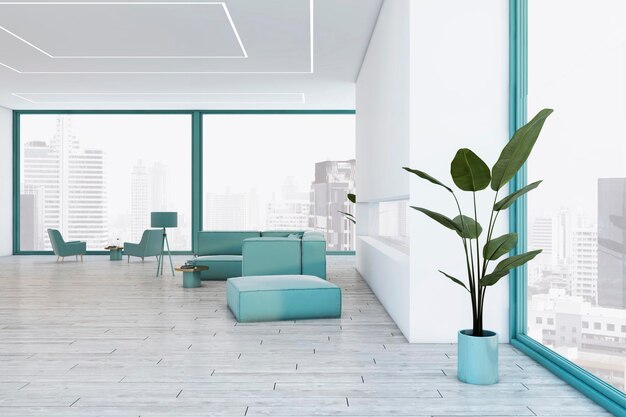 modern living room interior with wooden flooring furniture and panoramic windows with city view and daylight lifestyle and cozy home concept 3d rendering