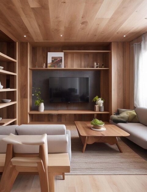 modern living room interior with wooden and sofas and TV