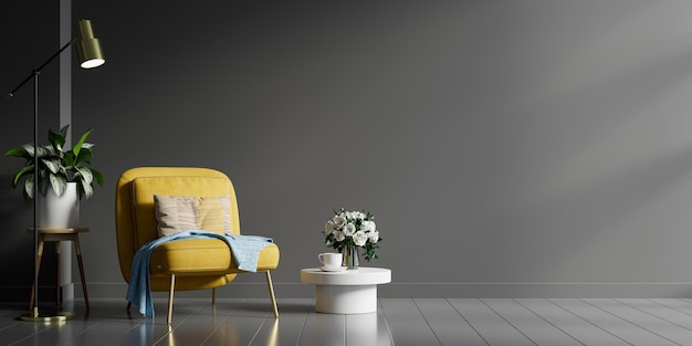 Modern living room interior with yellow armchair and green plantslamptable on dark wall background