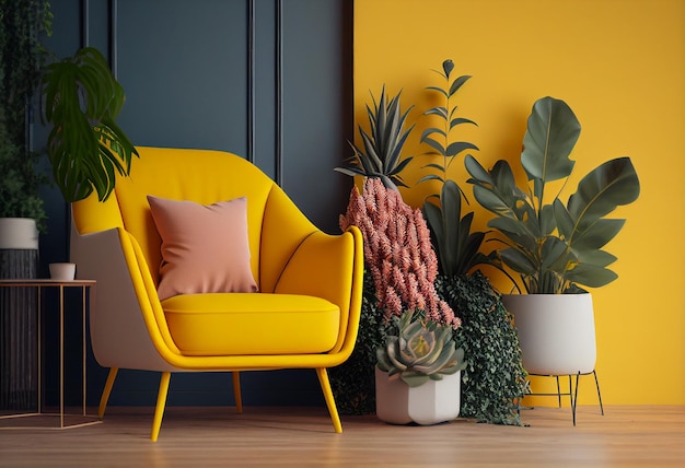 Modern living room interior with yellow armchair and plants 3d render generative ai