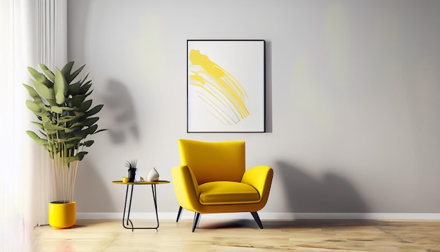 Modern living room interior with yellow chair minimalis mockup 8