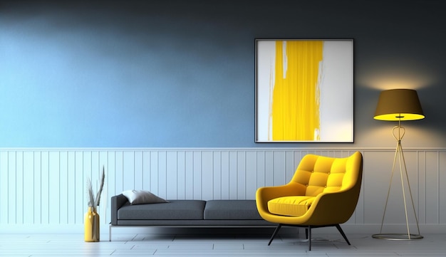 노란색 의자 모형이 있는 현대적인 거실 인테리어 10