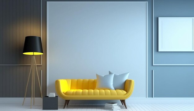 Modern living room interior with yellow chair mockup 13