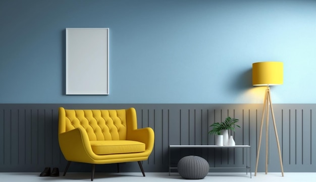 노란색 의자 모형이 있는 현대적인 거실 인테리어 17