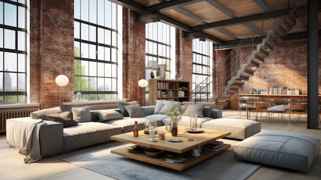 Modern living room in loft apartment Mockups Design 3D HD