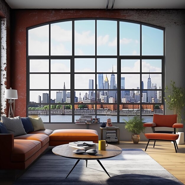 A modern living room in a loft panoramic window with skyline in the background